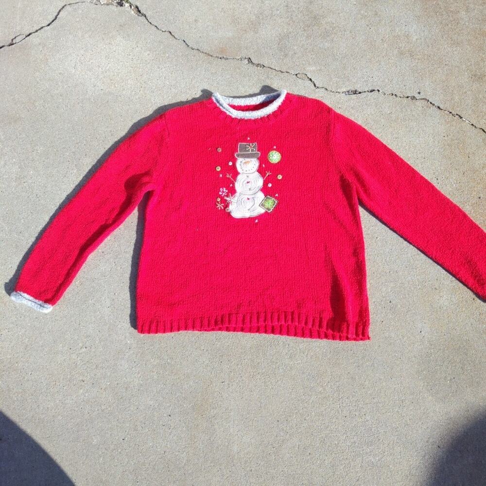 Christopher & Banks Hand Embroidered Red Christmas Sweater Snowman Snowflakes XL